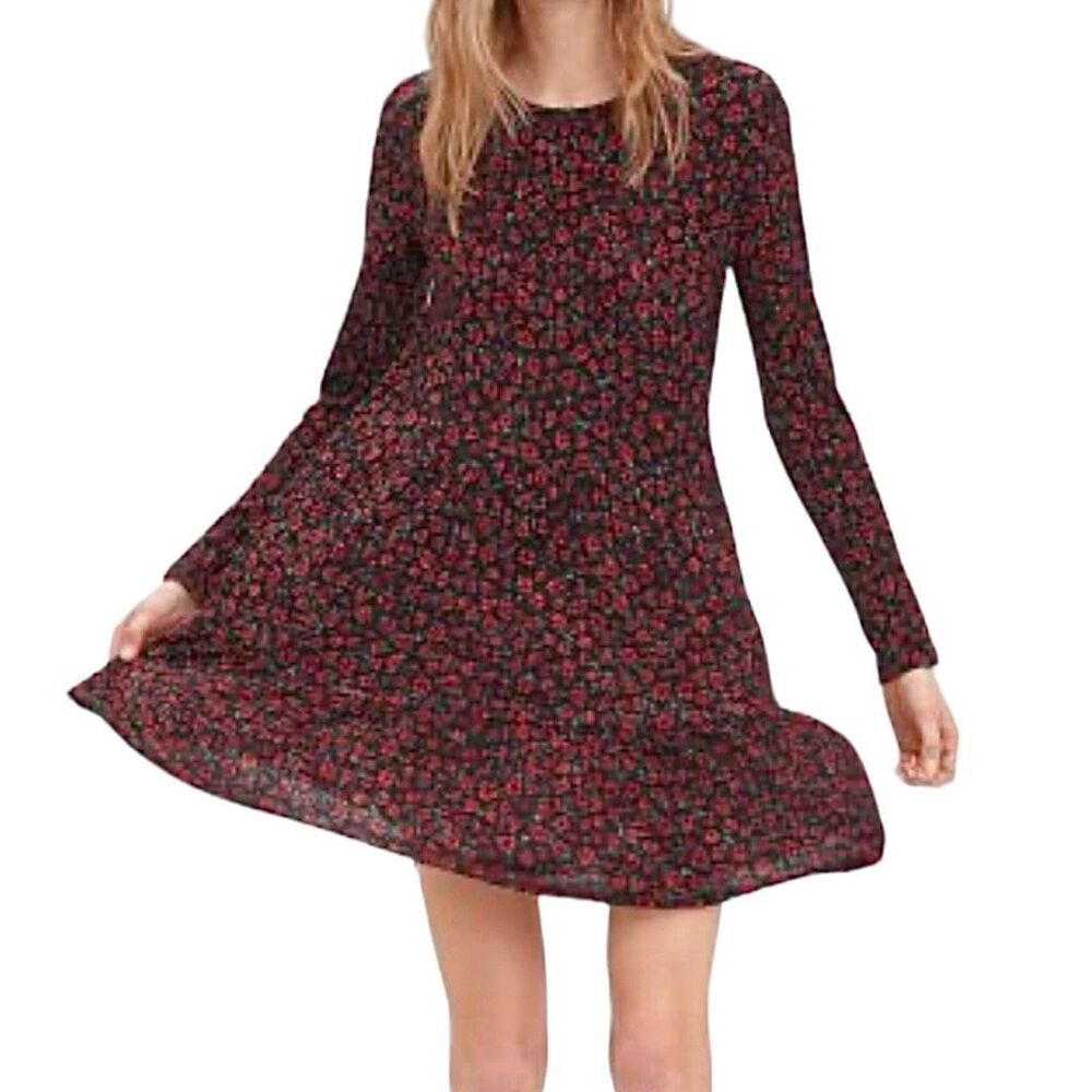 ZARA Dress Black Floral Ribbed Long Sleeve Dress Size S mall